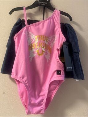 True Religion Pink One-Shoulder Girls' Swimsuit with Gold Logo